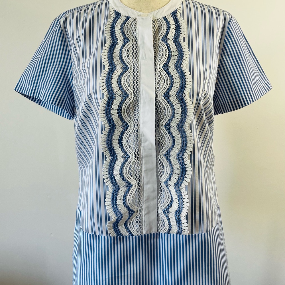 Karl Lagerfeld Blue and White Striped Top with Lace Accents